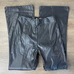 Et Clet Women’s Black Faux Leather High Rise Flare Pants with front slit, sz Med